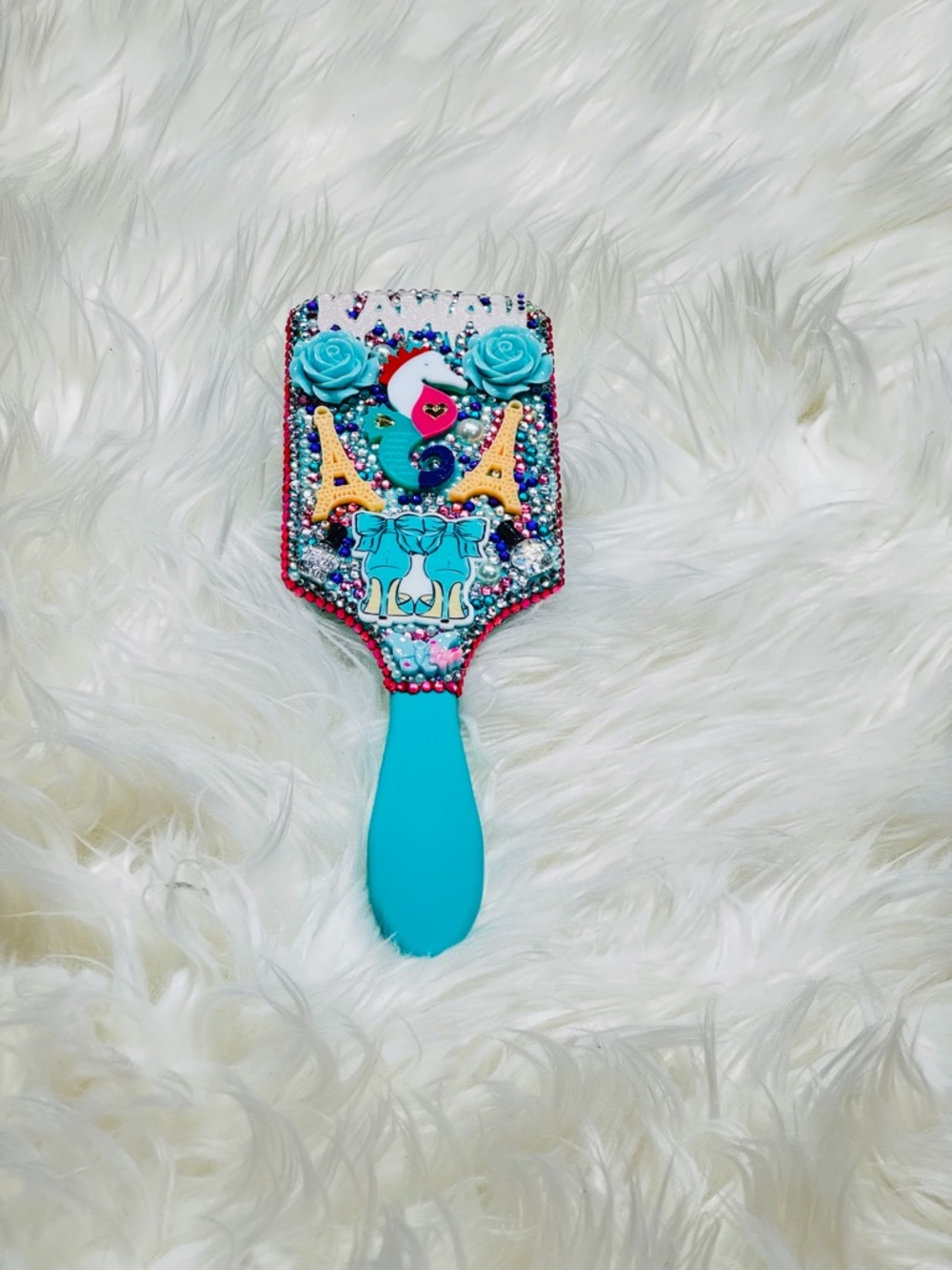 Hand-Embellished Turquoise Paddle Brush with Eiffel & Floral Accents